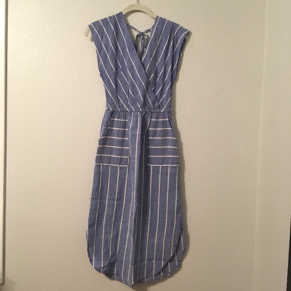 Blue and White Calf Length Dress w/ Tie In Back
